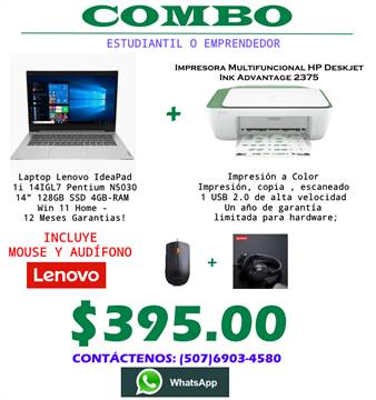 PROMO: LAPTOP LENOVO + IMPRESORA HP + MOUSE Y AUDÍFONO LENOVO - $395.00